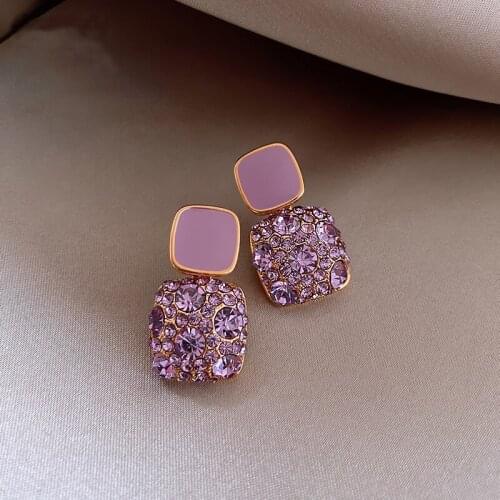 Womens Square Purple Crystal Pendant Earrings. Korean Style Shiny Fashion Jewelry. Wholesale