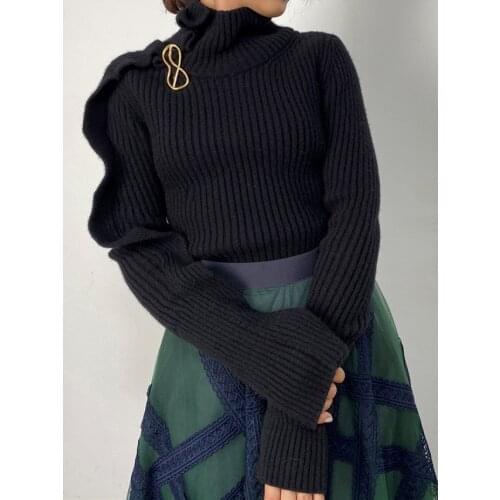 Ladies Elegant High-neck Ruffled Ribbed Sweater Pullover Top Features With Brooch Detail