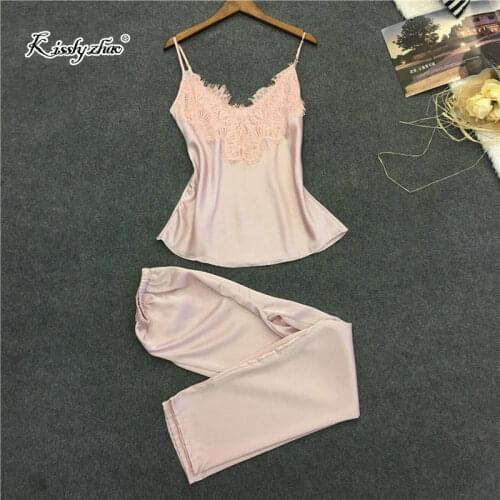 Women Pajamas Set Pant Liner Slips Top Long Pant Faux Silk Lace Bow V-neck Sleepwear Lace Lingerie Sleeveless Women Lingerie