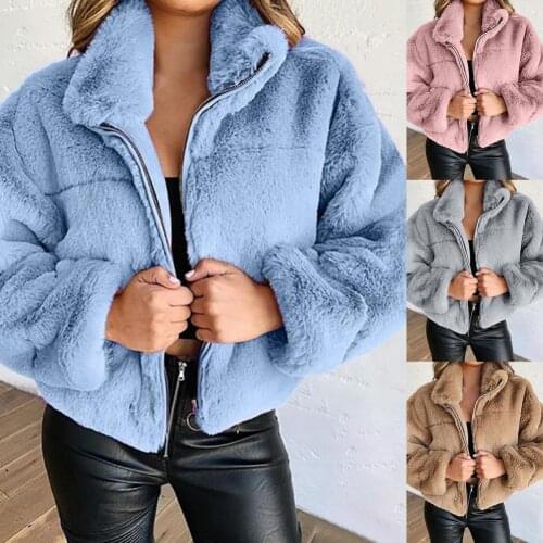 Women Coat Solid Color Zipper Faux Fur Warm Lapel Long Sleeve Jacket for Daily Wear Womens Coat Winter/Autumn 2021