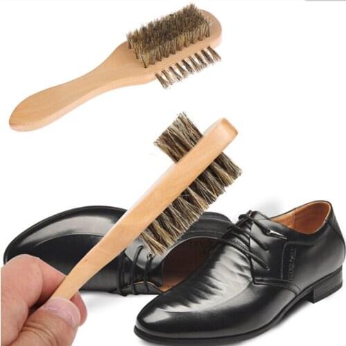 1Pcs Multi-functional Double-sided Horse Hair Long-Handled Shoes Brush Polishing Scrub Hair Brush Wooden Handle