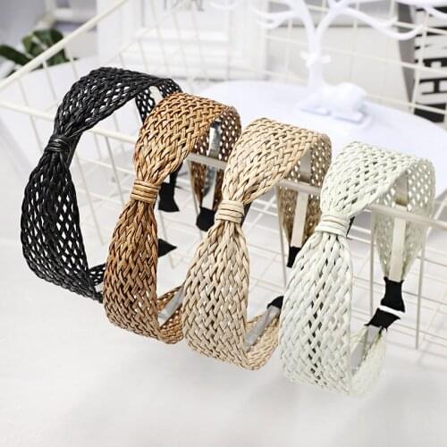 2020 New Women Hairbands Natural Raffia Straw Handmade Bow Knot Headband Knotted Wide Headwear Vacation Style Hair Band