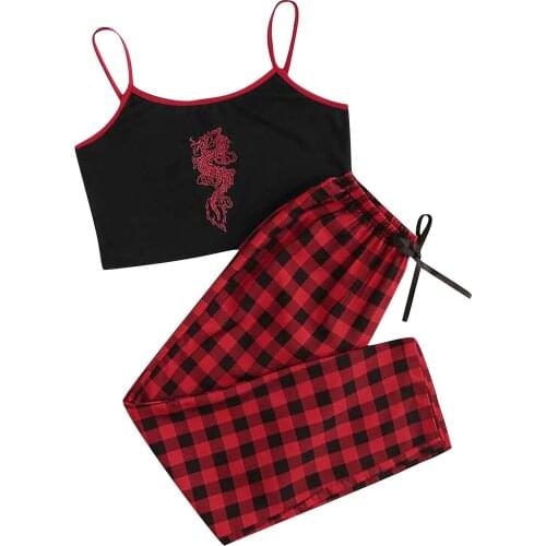 2021 Pyjamas Women Fashion Anime Printed Sleep Tops Plaid Pants Sleepwear Lingerie Babydoll Sexy Underwear Camis Shorts Cotton