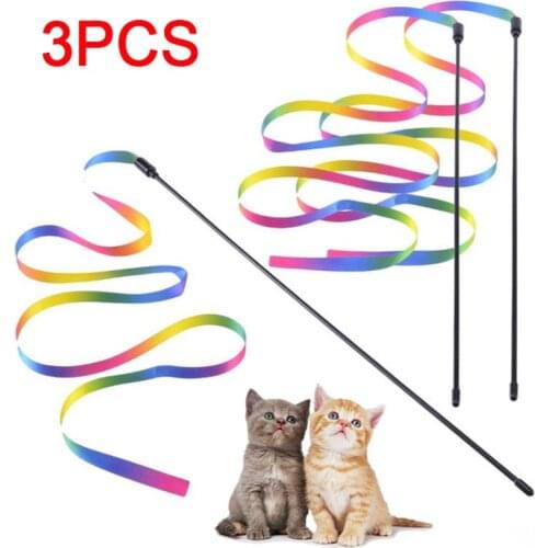 3pcs Cat Toys Cute Funny Colorful Rainbow Ribbon Short Rod Teaser Wand Plastic Pet Toys for Cats Interactive Stick Cat Supplies