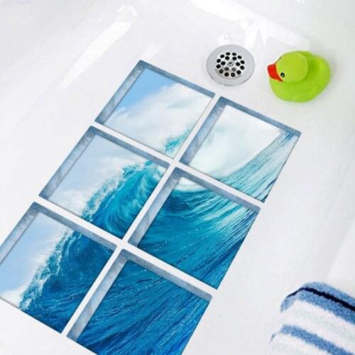 3D Blue Wave Pattern Wall Stickers Anti-Slip Bathtub Stickers Water-Proof Wall Paper Creative Home Bathroom PVC Sticker