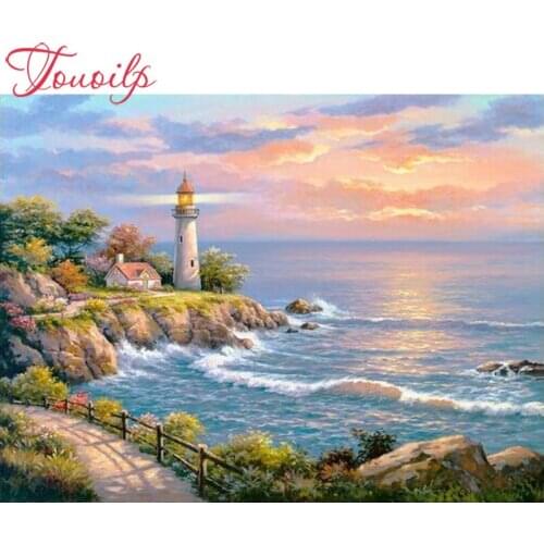 Touoilp full Square&round Diamond Painting 5D Zee Met Vuurtoren Diamond Embroidery Handmade Mosaic 5d Diy Cross Stitch Pattern