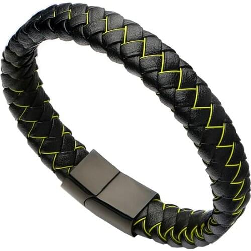 Mestylish Wide 12mm Stainless Steel Magnetic Clasp Bracelet Latest Fashion Genuine Leather BraceletJewelry Fit Men&Women&Gift