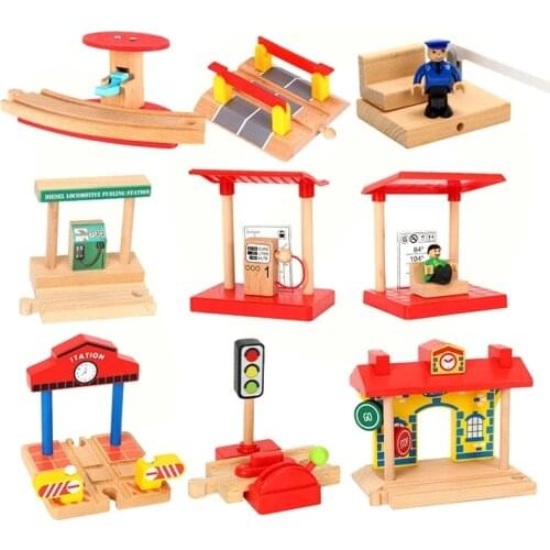 Wooden Railway Track Accessories Gas Station Train Cross Road Block Fit For Thomas Wooden Train Track Toys For Children Gifts