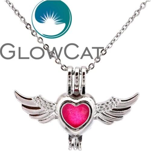 GLOWCAT KK650 Silver Eagle Wings Heart Beads Cage Essential Oil Diffuser Aromatherapy Pearl Cage Locket Necklace Women Girls