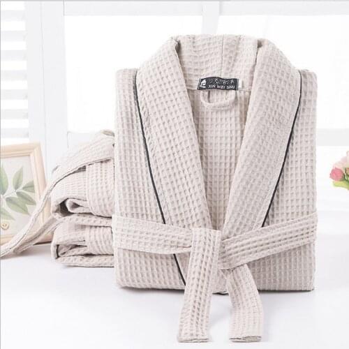 Women Men Summer Waffle Sleep Lounge Bathrobe Kimono 100% Cotton Full Sleeve Cozy Bride Bath Robe Night Wear Gown Sleepwear