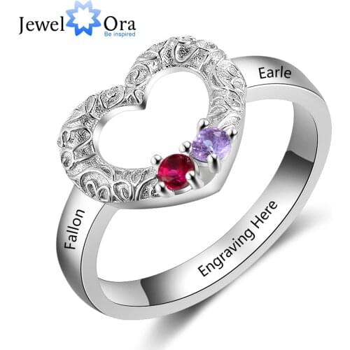 Customized Heart Ring with 2 birthstones 925 Sterling Silver Personalized Name Promise Ring Anniversary Gift (JewelOra RI103825)