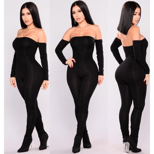 Jumpsuit Women Off Shoulder Bodycon Long Sleeve Clubwear Playsuit Jumpsuits Rompers Skinny Sexy Jumpsuits Female Black Trousers