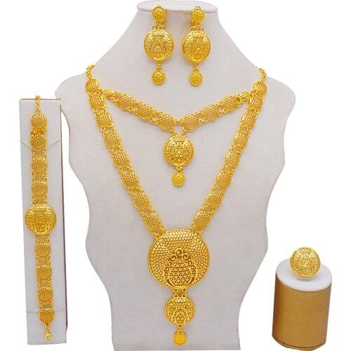 24K Dubai Gold Color Jewelry Sets For Women Double Layer Necklace Earrings Rings Bridal African Wedding Wife Gifts