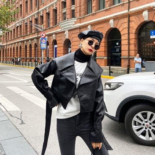 Short High waist Lace-up Cardigan Faux PU Leather Outerwear Loose Women Spring Autumn 2021 Lapel Long sleeve Biker Jacket Female