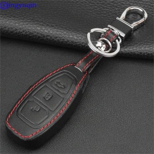 Jingyuqin 3 Buttons Leather Smart Car Key Case Cover for Ford Fiesta C-Max B-Max Kuga Remote Key Cover FOB