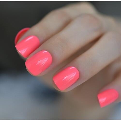 Neon Short Nails Summer Color Fake Nails Deep Pink Ladies Bright Color Designed ABS Material Fingernails with Adhesive Tabs