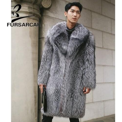 FURSARCAR 2020 New Fashion Real Fur Coat For Men Winter Natural Silver Fox Fur Long Jacket With Fur Collar Thick Overcoat