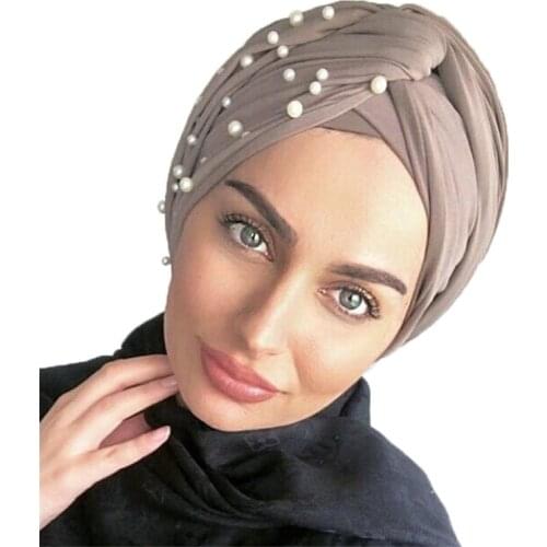 2021 Fashion Suede Turban Hijab Bonnet Beading Womens Head Wraps Islamic Headscarf Cap Hair Loss Chemo Hat Turbante Mujer