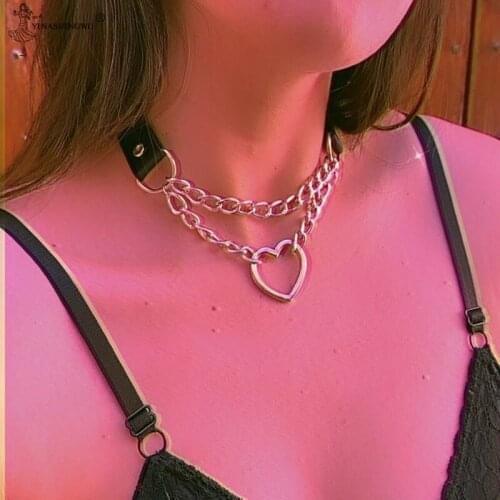 Fashion Heart Shape Gothic Necklace Punk Choker Collar Goth Many Color Chain Pendant Necklace Women Leather Kawaii Witch Jewelry