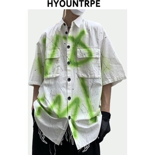 Men Shirt Harajuku Graffiti Printed Shirts Casual Button Up Shirt Tops Hip Hop Loose Harajuku Streetwear Hawaiian Beach Shirts