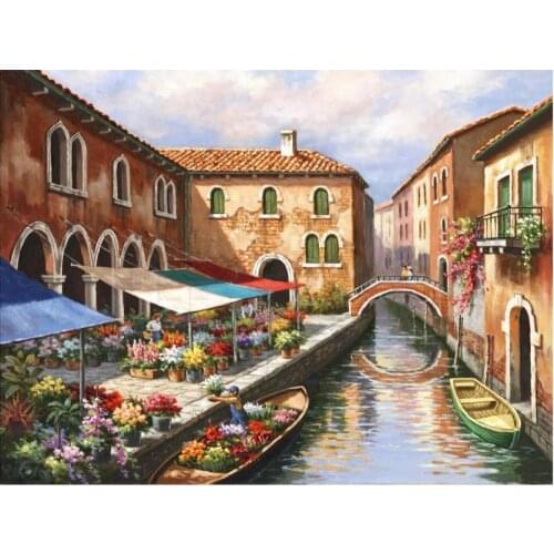 Hand Painted contemporary art Venice landscapes Oil painting on canvas Flower Market on the Canal wall decor