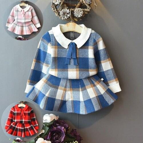 Girls knitted big plaid sweater skirt two-piece skirt with ears toddler clothes fashion clothes kids boutique clothing wholesale