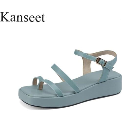 Kanseet Summer Sandals Shoes Women 2021 Square Toe Blue Genuine Leather Sandals Flat Platform Sandals Sheepskin Ladies Footwear