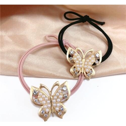 Lady Pearl Rubber Bands Women Butterly Hair Ropes Shiny Rhinestone Hair Ties For Girls Students Elegant Hair Accessories Ins