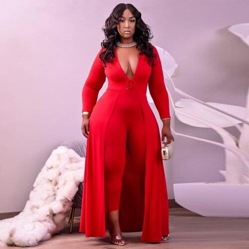 ZJFZML ZZ Women Clothing Jumpsuit Plus Size Red Black Deep V Neck Long Sleeve One Piece Overall Romper Dropshipping Wholesale
