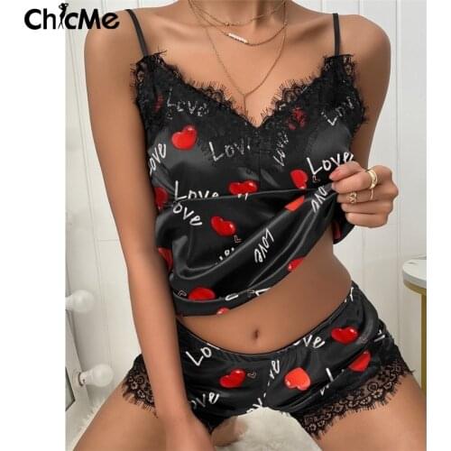 Chicme Women Two Pieces Heart Print Contrast Lace V Neck Spaghetti Strap Cami Tops and Shorts Sets Sexy Home Fashion Sets Casua