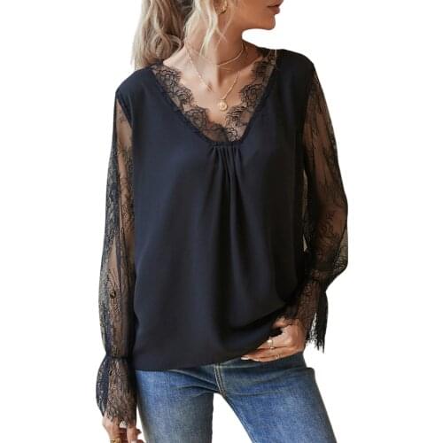 Ladies Spring And Summer Adult Transparent Lace Flared Sleeves V-Neck Pullover Ladies Sexy Top V-Neck See-Through Flared Sleeves