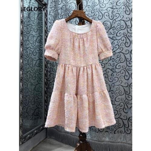 Sweet Princess Dress 2020 Autumn Winter Party Ladies Sexy Square Collar Metal Fiber Deco Short Sleeve A-Line Pink Dress Lolita