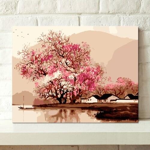 Painting by numbers art paint by number Digital painting diy home decoration Chinese style living room Peach flowing water river