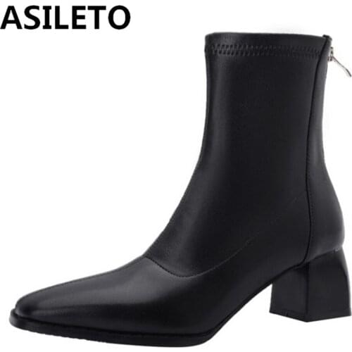 ASILETO 2021 New Designer Brand Ankle Boots for Women Stretchy Sock Bootie Zip Round Toe Square Low Heel Black White 43 S2426