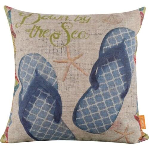 Free Shipping 45*45cm Blue Boy Beach Slipper Burlap Pillow Case Cover Along the Shore Shell Sea Star