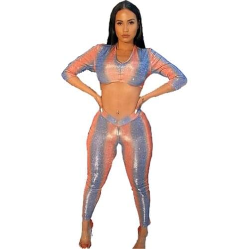Glitter Women 2 Pieces Club Outfits V Neck Half Sleeve Crop Top And Pencil Pants Orange Blue Stripe Color Sexy Party Night Set