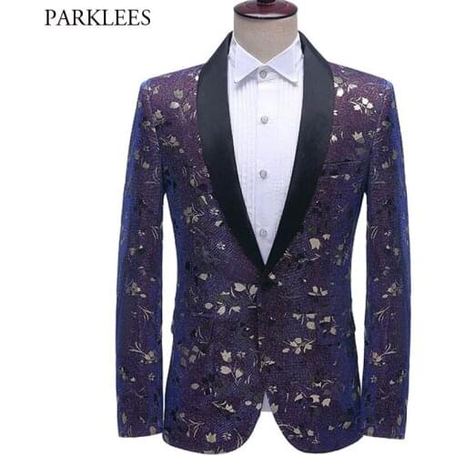 Purple Gold Floral Tuxedo Blazer Men Luxury Brand Mens Shawl Collar Mens Suit Jacket Wedding Party Stage Blazers Costume Homme