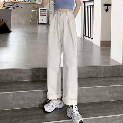 Wide-leg Solid White Old Pant Straight-leg Pants Autumn Button High-waist Denim Pleated Mopping Trousers Loose Woman Jeans 11477