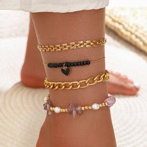 Aprilwell 4 PCs Anklets Bracelets Sets Summer Sandals Jewelry For Women 2021 Body Pearl Accessories Barefoot Beach Lady Trendy