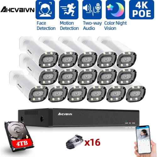 H.265+ 4K 16CH 5MP POE NVR Kit HD Color Night Vision CCTV Security Camera System Kit Two Way Audio Video Surveillance System Set