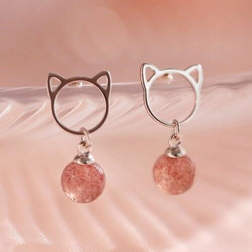 Fashion Cute Cat Drop Earrings Jewelry Hanging Strawberry Crystal Stone Womens Statement Wedding Dainty Fun Gifts