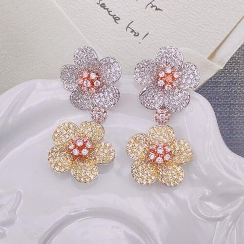 Lanyika Fashion Jewelry Beautiful Bloom Flower Ear Drop Earrings Zircon Micro Plated Wedding Banquet Party Best Gifts