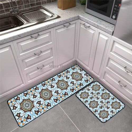 Fashion Retro Blue Pattern Stitching Kitchen Mat Combination Entry Mat Bedroom Long Bedside Blanket