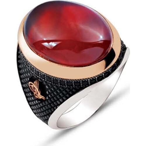 Silver Agate Pvc Capsules Gemstone Ottoman Tuğralı Embroidered Men 'S Ring