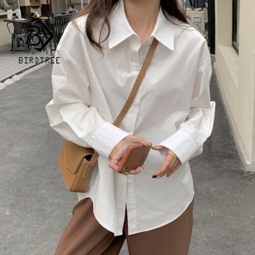 2021 Autumn New Women Solid Oversize Turn-Down Collar White Shirt Button Up Long Sleeve Blouse Casual BF Korean Style Tops T5010