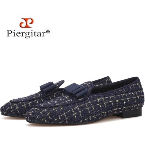 Piergitar new navy color knitted fabric Belgian loafers with bowtie design handcrafted slip-on men smoking slippers plus size