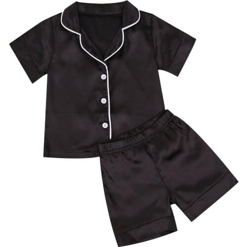 Baby Boys Solid Black Ice Silk Satin Pajamas Sets Short Sleeve Tops Shorts Summer Infant Toddler Children Sleepwear 1-7Y