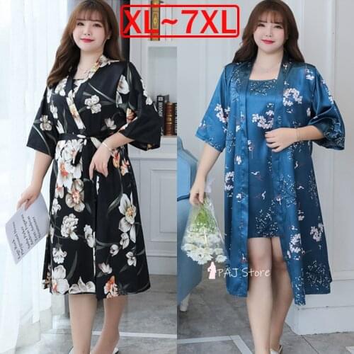 7XL Dresses Large Sizes Evening Gown Set Nightwear Satin Robe 2 Pieces Sling Silk Robe Flower Print for Women Robes De Costume