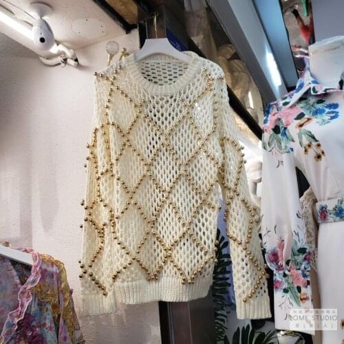 Casual Sweater Womens 2020 Autumn Cloth New Heavy Industry Pearl Beaded Black Sweater Loose Ladys Jumper Pullovers Top