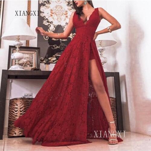 Dark Red Evening Dress Long Evening Dresses Lace A-Line V-Neck Sleeveless High Split Formal Gowns Party Dress Vestidos